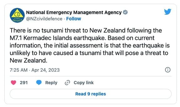 NEMA twitted about no threat of tsunami after earthquake.