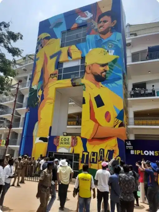 A massive mural ft. MS Dhoni at Chepauk Ahead of Chennai Super Kings vs Lucknow Super Giants •Deivarayan Muthu/ESPNcricinfo