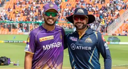 KKR and GT Skippers posing after toss (Picture Courtesy: BCCI)