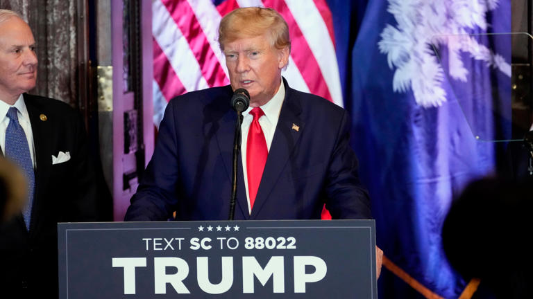 Donald Trump speaking at a campaign in South Carolina on January 28, 2024.