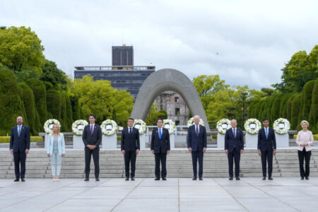 The leaders of the G7 summit after laying wreaths in the Hiroshima Peace Memorial Park.