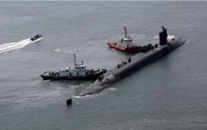 US nuclear-powered submarine, USS Michigan approaches a naval base in Busan, South Korea.