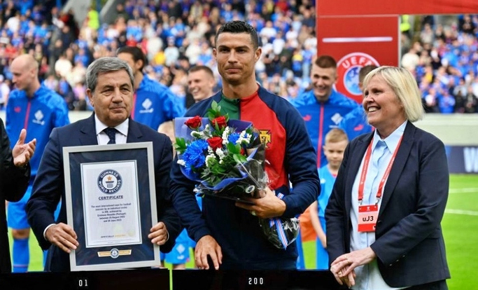 Ronaldo receives Guinness World Records certificate ahead of his 200th match for Portugal.