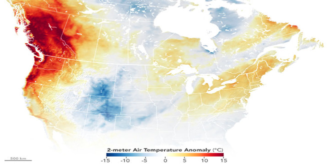 This picture shows the temperature in the northern America during June 2021 Heatwave.  