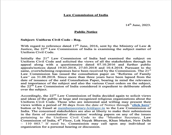  UCC: Parliament Panel Summons Law Commission on 3rd July:  - Asiana Times