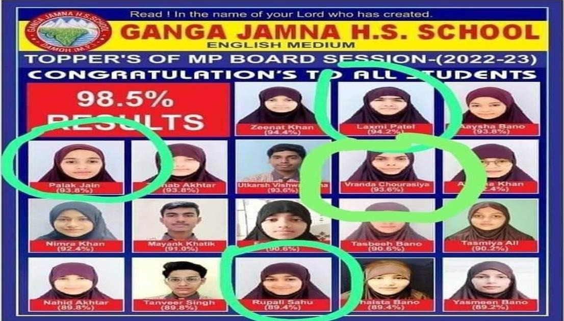 The school's board exam toppers poster shows non-Muslim girls wearing scarves.