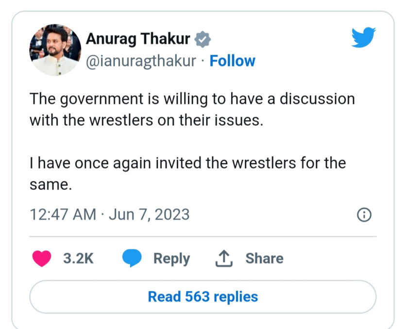 Tweet by Anurag Thakur telling that Government is ready for talks with protesting wrestlers.