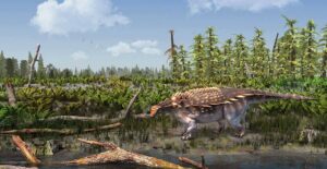 Imagination of newly discovered dinosaur in its habitation