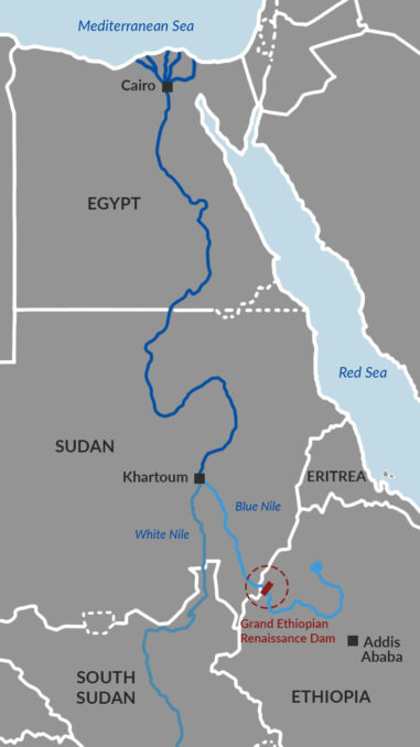 Map of Nile River showing the distribuing of water betweeen Ethiopia and EGYPT and the location of the GERD 