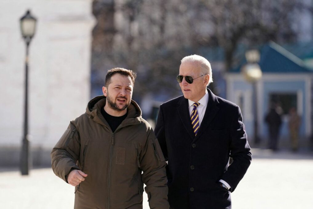US President Joe Biden, right, walks next to Ukrainian President Volodymyr Zelensky as he arrives for a visit in Kyiv, Ukraine, on Monday, February 20
