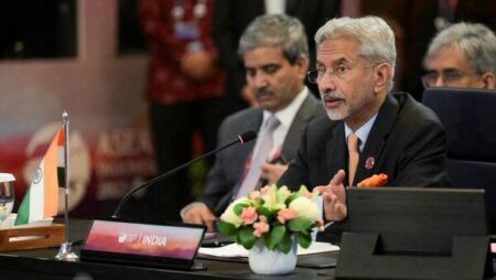 India's Foreign Minister, Subrahmanyam Jaishankar, addressed the Association of Southeast Asian Nations (ASEAN) Post Ministerial Conference with India during the ASEAN Foreign Ministers' meeting in Jakarta on July 13, 2024. The notable absence of Myanmar's representative was observed during the conference. The photograph captured during the event was taken by Bay Ismoyo and was provided via REUTERS.