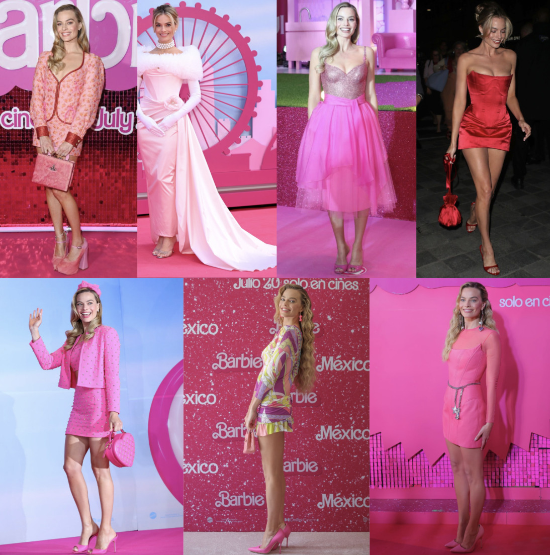 Collection of Margot Robbie's red carpet outfits.