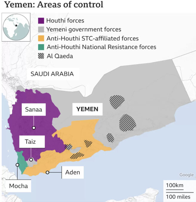A map showing the areas of control by various groups in Yemen