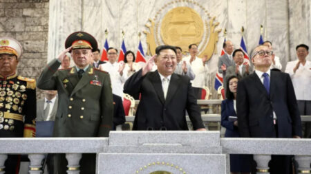 North Korean leader Kim Jong-un and senior delegates from Russia and China at the military parade in Pyongyang.