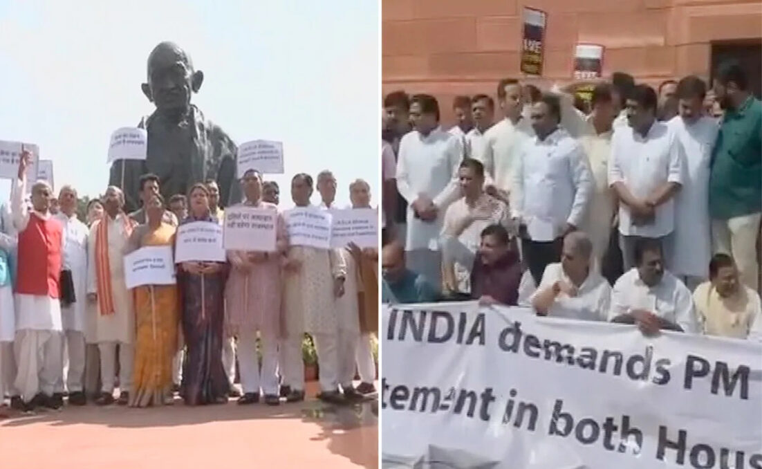 BJP MPs from Rajasthan staged a sit-in protest against the Gehlot government in the Parliament House complex today.