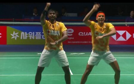 Satwik and Chirag celebrating their win at Korea Open 2024 in gangnam style