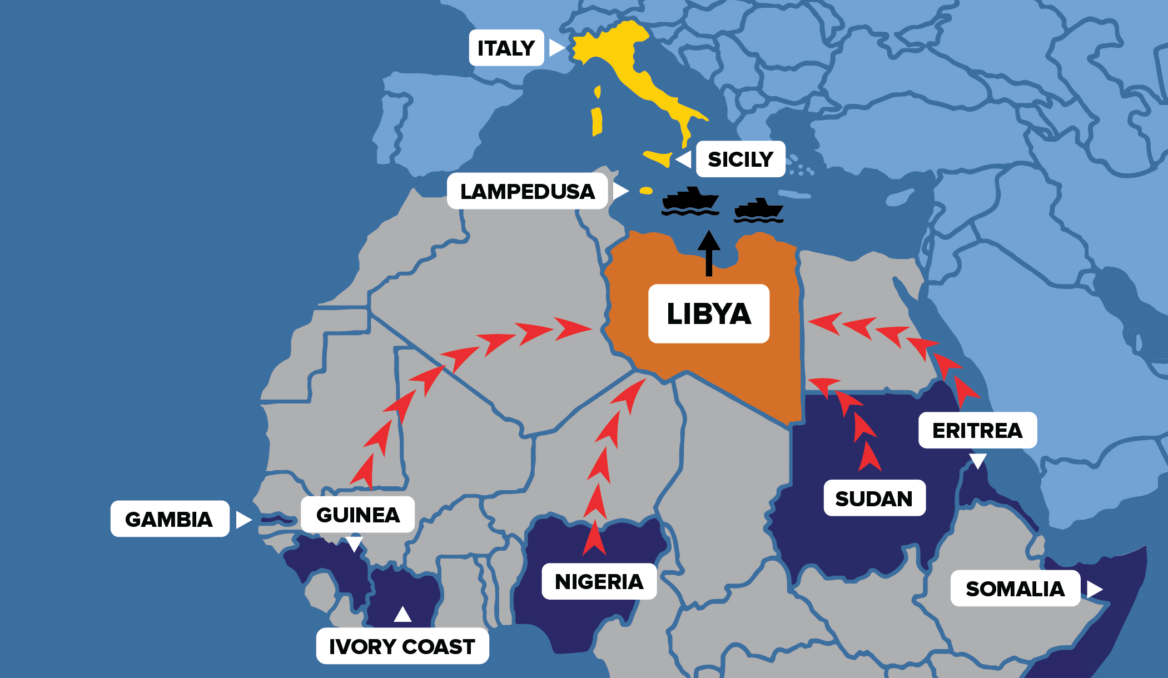 Migrant to Italy via Libya Travel through the Mediterranean.  