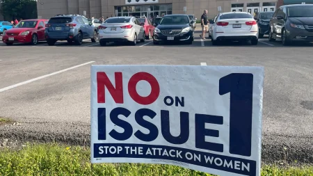 On August 3, 2023, a placard at the Franklin County Board of Elections in Columbus, Ohio, encourages voters to reject Issue 1