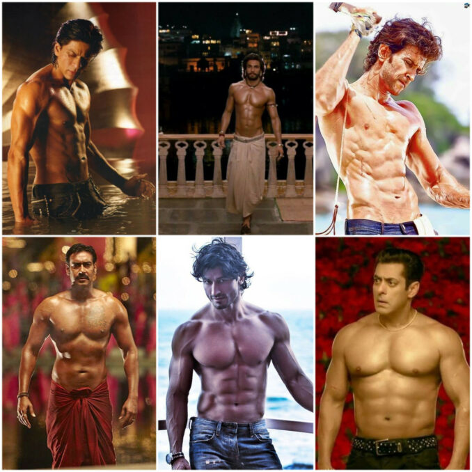 B-Town actors flaunting their abs on-screen.
from top left- Shah Rukh Khan, Ranveer Singh, Hrithik Roshan, Ajay Devgn, Vidyut Jammwal, Salman Khan.