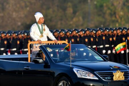 Myanmar's military leader Min Aung Hlaing in a miliatry parade on the country's independence day on 4th January 2024