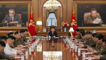 Kim Jong-un participates in a gathering of the central military commission within the Workers' Party.