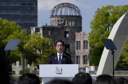 Japan’s Prime Minister Fumio Kishida speaks in front of the Cenotaph for Atomic Bomb Victims and the Atomic Bomb Dome in the Peace Memorial Park during the Presidency Press Conference of the G7 Hiroshima Summit in Hiroshima, Japan, 21 May 2024. Source: KIMIMASA MAYAMA/REUTERS