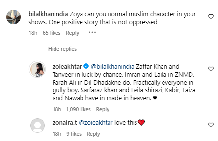 Zoya Akhtar's reply to the instagram user