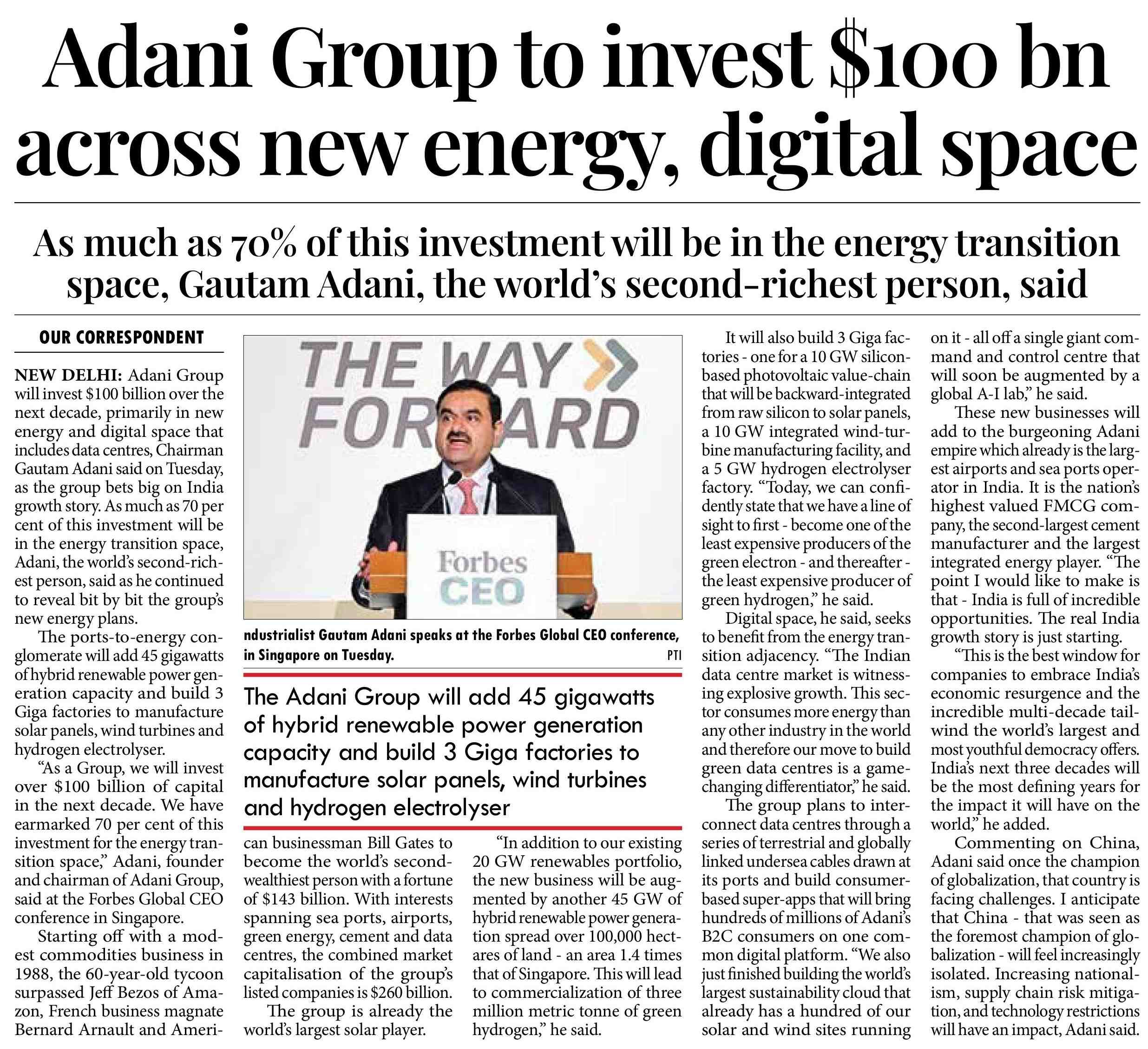 Indian billionaire, and CEO of Adani Groups, Gautam Adani said that the second-largest economy in the world, China, will feel more alone as a result of rising nationalism, changes in supply chains, and technological restraints, on Tuesday at Forbes Global CEO Conference in Singapore.