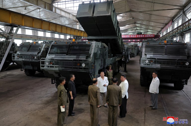 On an unspecified date, North Korean leader Kim Jong Un is seen visiting a crucial military factory in an image released by North Korea's Korean Central News Agency (KCNA) on August 14, 2024.