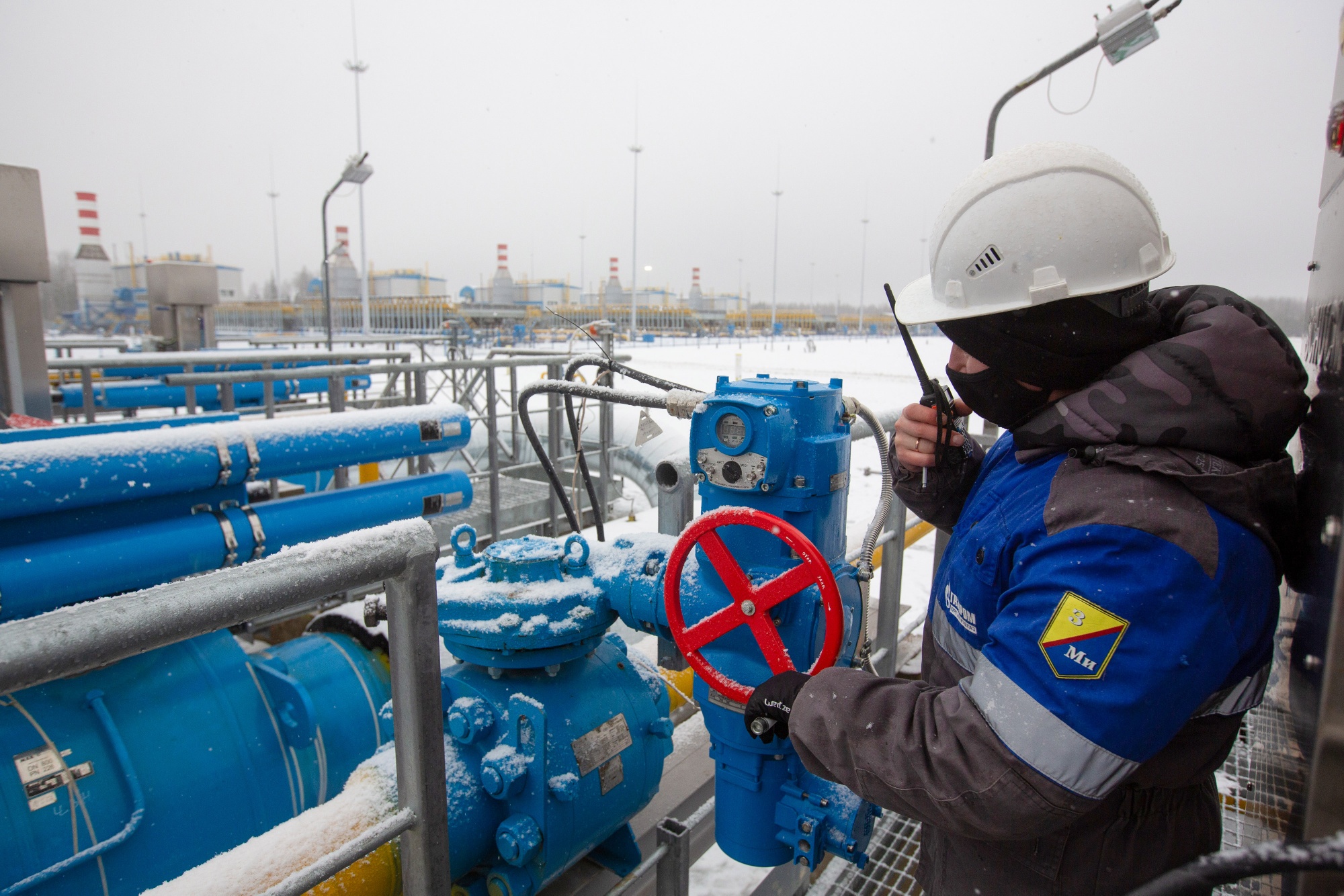 A worker adjusts a pipeline valve on the&nbsp;Nord Stream 2 gas pipeline in Russia.