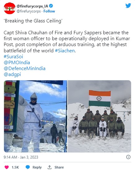 Captain Shiva Chauhan became the first woman to be deployed at the 15,600 feet - Asiana Times
