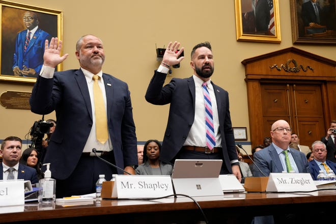 IRS Supervisory Special Agent Gary Shapley , Left, and IRS Criminal Investigator Joseph Ziegler, are sworn in at a House Oversight Committee meeting