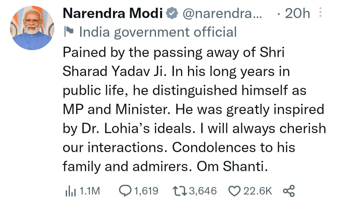 P.M Modi also Tributed Sharad Yadav on Twitter