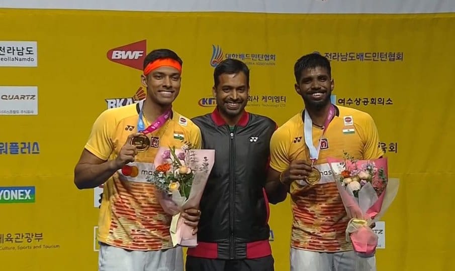 Satwik and Chirag celebrating their win at Korea Open 2024