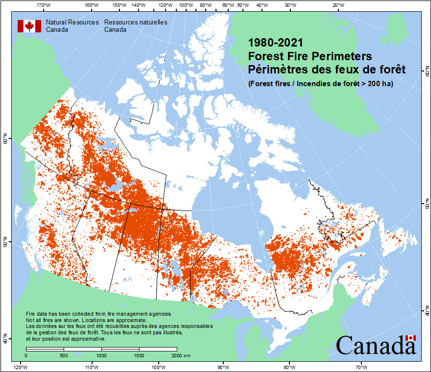 A Map of the Locations of the Wildfires. Photo: CNFDB.