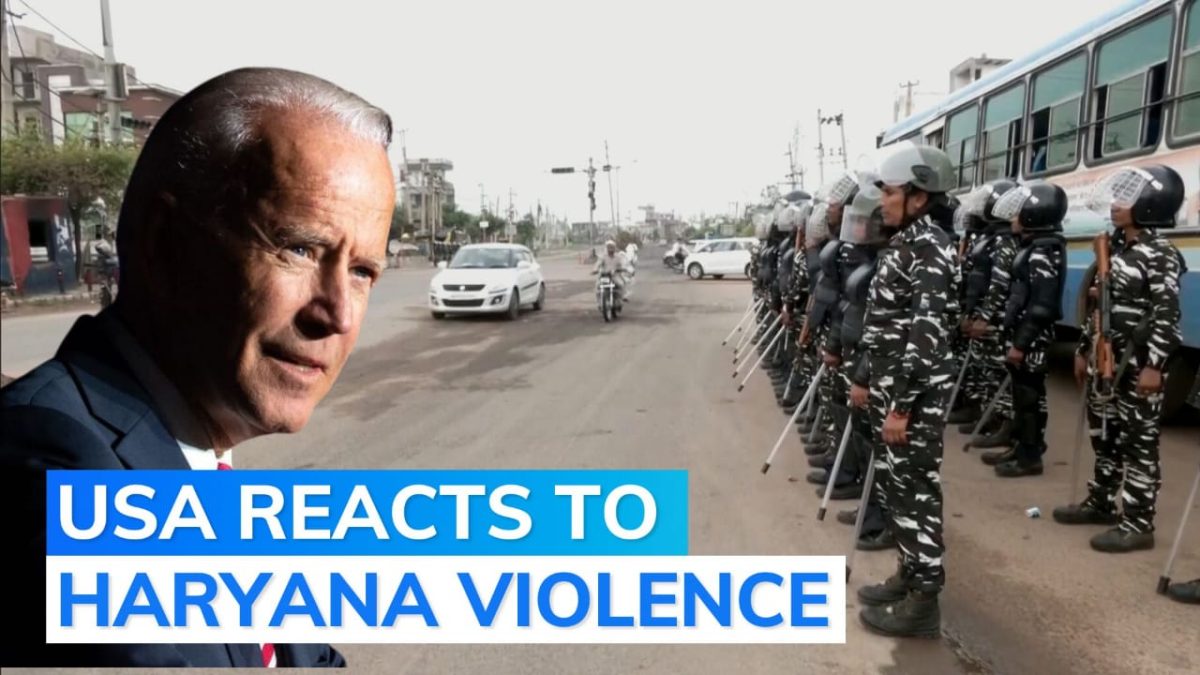 Image shows US President Joe Biden with caption 'US reacts to Nuh Violence'.