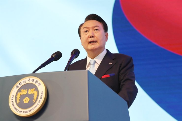 President Yoon Suk Yeol delivers a address at Ewha Womans University in Seoul, commemorating the 78th anniversary of National Liberation Day from Japan's colonial rule (1910-1945).