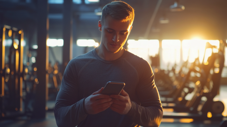 A Focused Young Man Using His Smartphone in A Gym, Possibly Managing His Fitness Business Operations